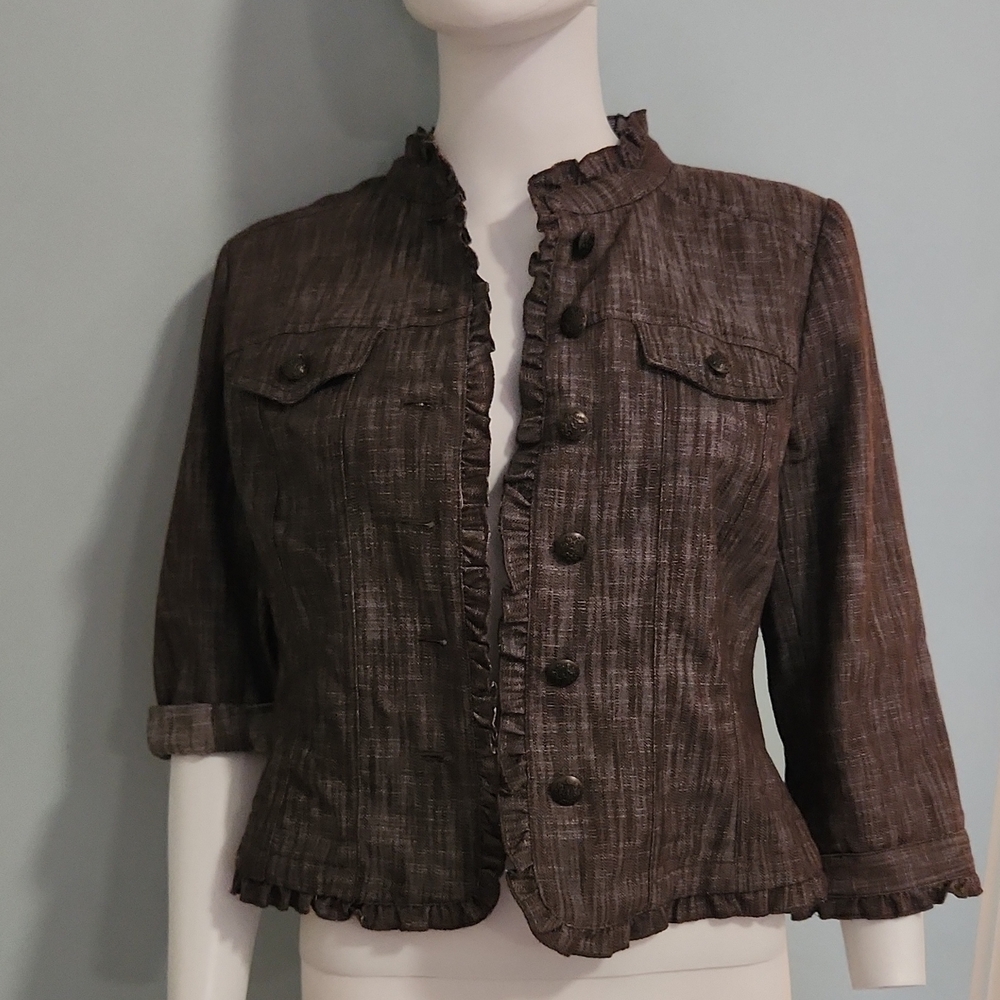 Sandro Sportwear Brown Ruffle-Trim Button Front Blazer